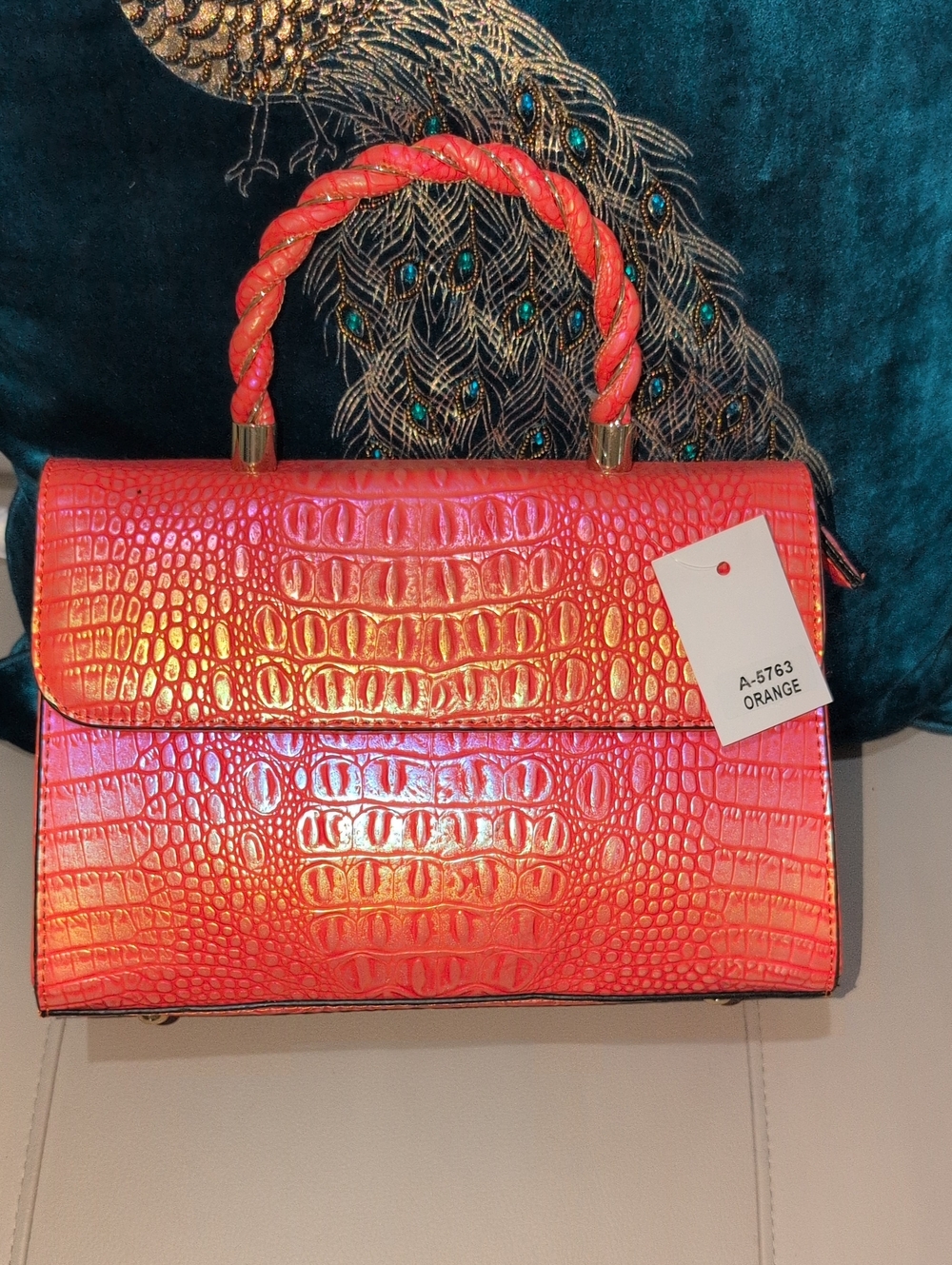 Orange Irredescent Croc-Embossed Top Handle Bag And Crossbody